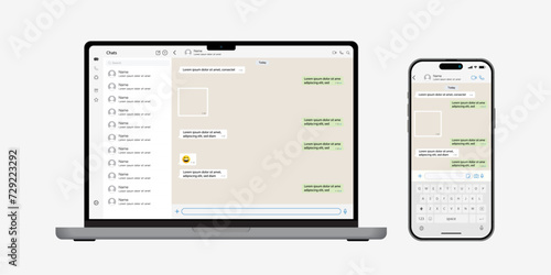 Vector notebook computer and smartphone with messenger application on the screen. Messenger conversation mockup. Messager and SMS UI template and communication in social media network. Vector. photo