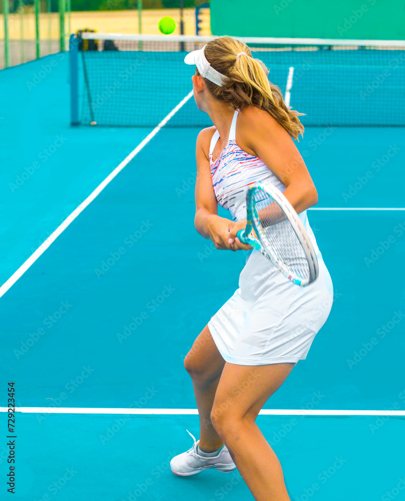 A girl plays tennis on a court with a hard blue surface on a summer sunny day	