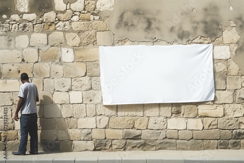 Wallpaper Mural man standing beside a stone wall with an empty banner Torontodigital.ca