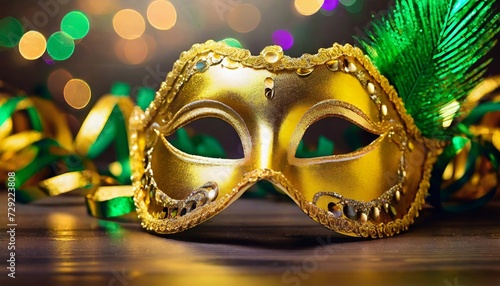 Golden Mardi Gras masquerade mask with feathers, dark bokeh. Venetian festival. Carnival disguise. Festive face accessory.