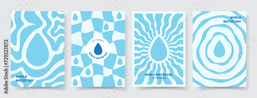 Set of posters for world water day. Vector illustration with flyers for decoration world water day. Concept of retro posters with trendy groovy patterns. Flyers for social media, cover, branding.