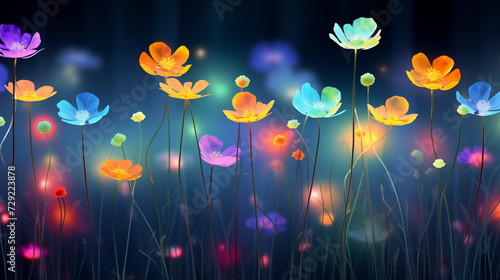Colorful Flowers glowing in the dark, Scattered in the Grass. Neon colors background.