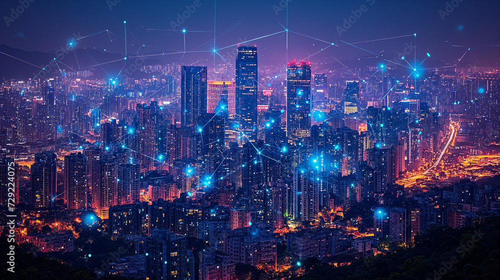 Obraz premium Abstract shot of interconnected city skyline symbolizing global connectivity, generative ai