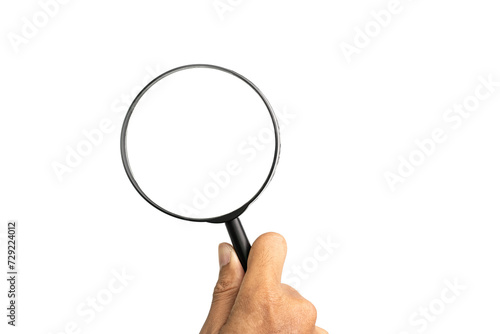 Hand holding magnifier tool isolated on white background. discover and research concept.