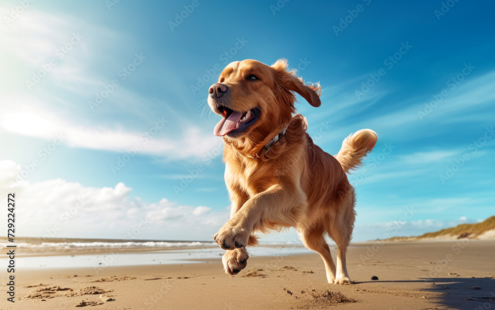 A handsome retriever running along the beach against the backdrop of the magnificent sea, a beloved dog and protector, selective focus idea for a banner or advertisement for a veterinary salon A handsome retriever running along the beach against the backdrop of the magnificent sea, a beloved dog and protector, selective focus idea for a banner or advertisement for a veterinary salon