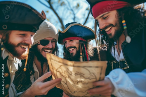 friends dressed as pirates sharing a treasure map