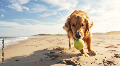 Poster with a dog playing with a ball on a sandy beach in front of the sea, close-up of a beautiful retriever, concept of care for the health of large dogs and pets