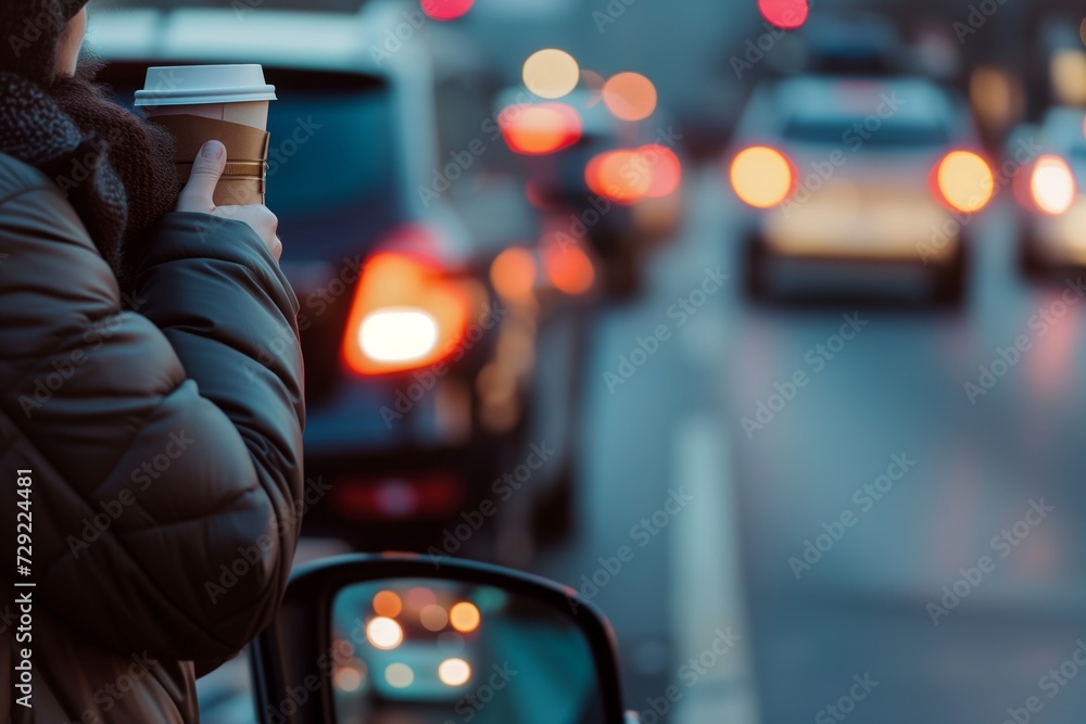 person sipping coffee beside their car, blurred vehicles on the road