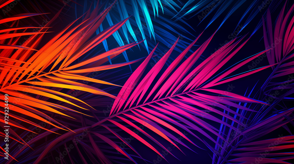 Close Up of a Vibrant Palm Tree, Neon colors background.