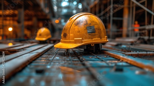  construction workers helmet at steel bar 