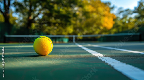 Tennis Ball on Tennis Court With Trees in Background, Pickleball  © reddish