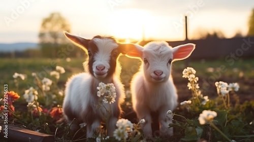 Two little baby goats standing in the meadow with flowers at sunset © TAMA KUN