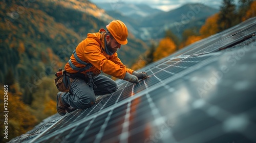 construction worker working on roof with solar panels, sunlight