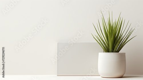 White vase with a plant on a white table against a white wall