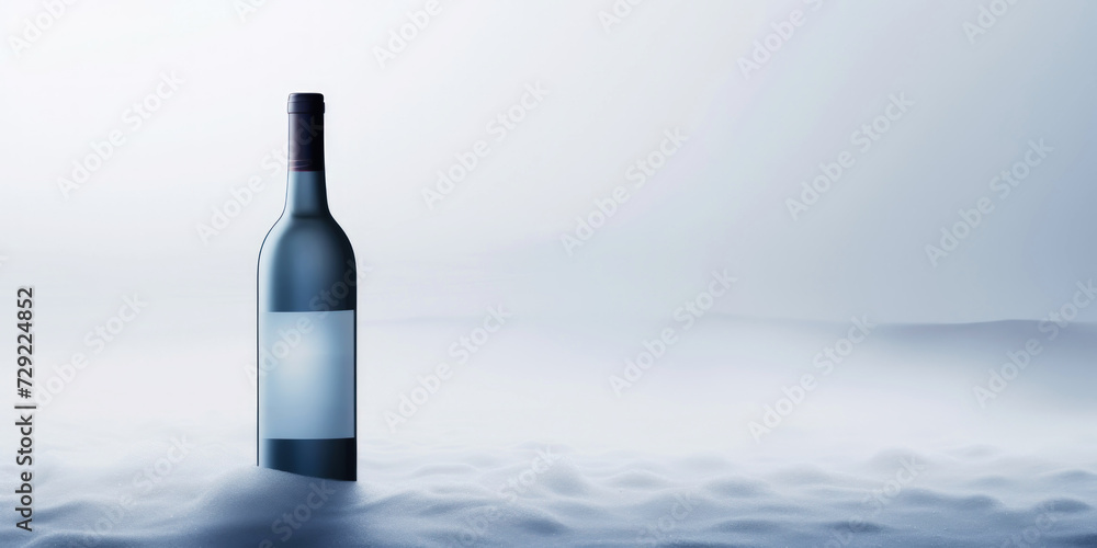 Wine bottle in a white desert sand. White mist around. Serene landscape. Generative AI Wine bottle in a white desert sand. White mist around. Serene landscape. Generative AI
