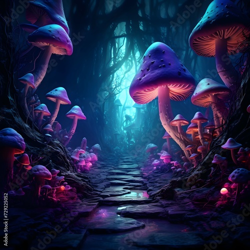 Surreal Underworld Scene with Neon Mushrooms