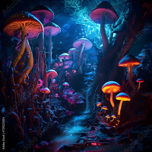 Surreal Underworld Scene with Neon Mushrooms