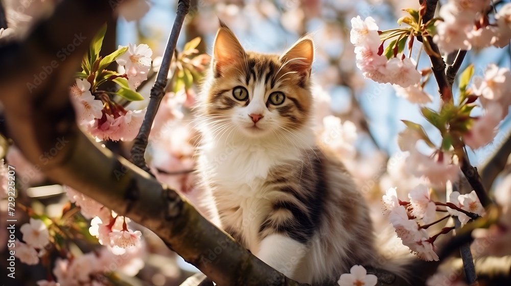 Cute little kitten sitting on a blooming tree in spring.