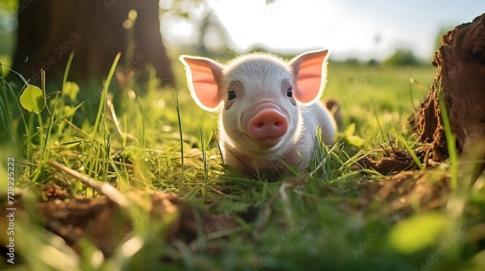 Cute little piglet in the green grass on a sunny day Cute little piglet in the green grass on a sunny day