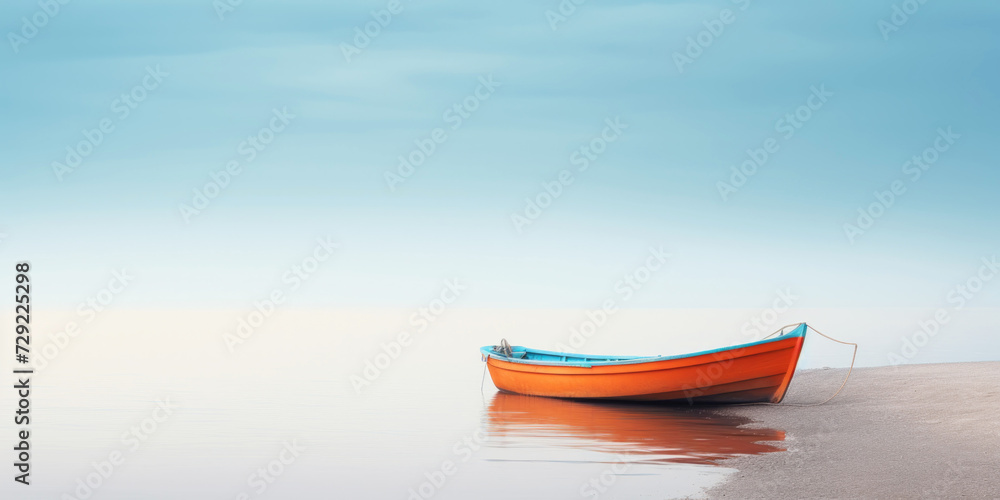 Orange boat in a calm sea waters near a beachline. Calm, tranquil landscape. Generative AI Orange boat in a calm sea waters near a beachline. Calm, tranquil landscape. Generative AI