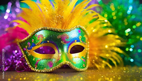 Mardi Gras masquerade mask with feathers, bokeh on background. Venetian festival. Carnival disguise. Festive face accessory.