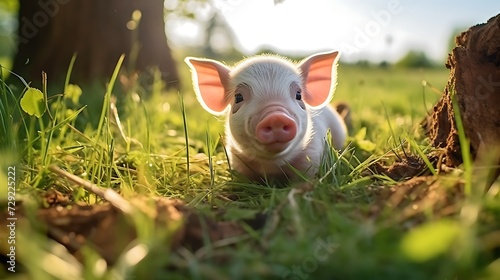 Cute little piglet in the green grass on a sunny day