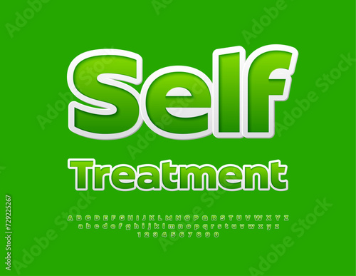 Vector healthy sign Self Treatment. Green modern Font. Bright Alphabet Letters and Numbers set