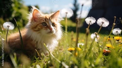 Cute ginger cat sitting on the grass with dandelions. © TAMA KUN