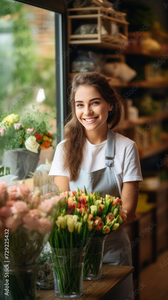 A cheerful young saleswoman is waiting for customers of the flower shop. Small business owner concept.