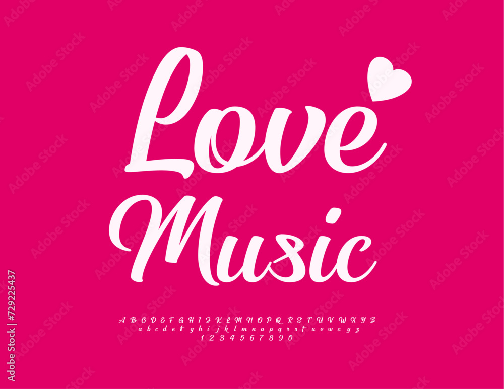 Vector creative logo Love Music with decorative Heart. Modern Calligraphic Font. Trendy Alphabet Letters and Numbers set.