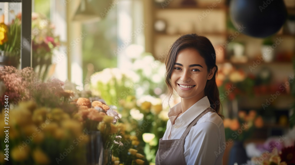 A cheerful young saleswoman is waiting for customers of the flower shop. Small business owner concept.