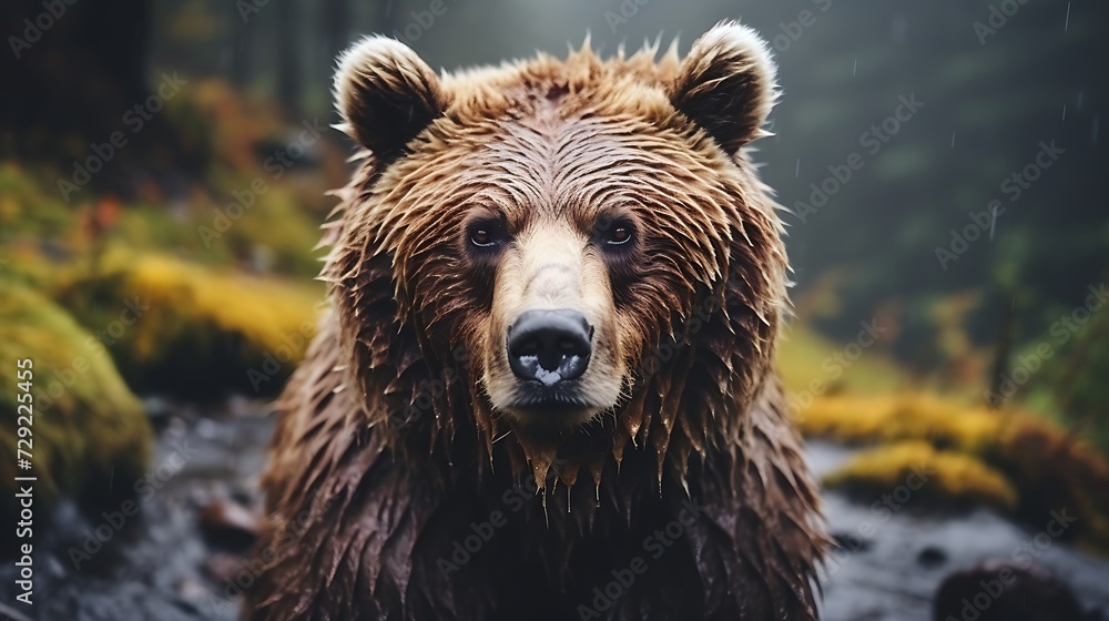 Portrait of a brown bear on the background of the forest.