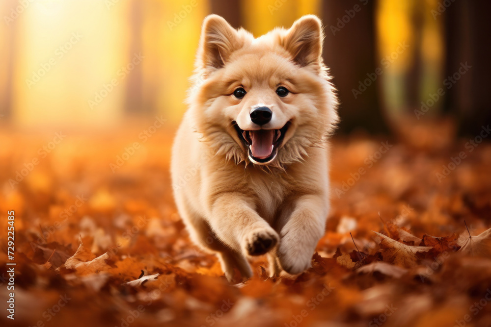 A funny happy cute dog puppy running, smiling in the leaves. Autumn fall background.