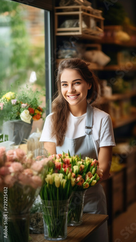 A cheerful young saleswoman is waiting for customers of the flower shop. Small business owner concept. © Wararat