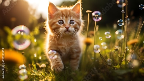 Cute ginger kitten playing with soap bubbles in the grass at sunset