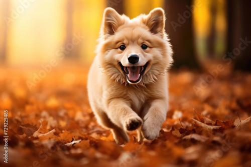 A funny happy cute dog puppy running, smiling in the leaves. Autumn fall background. © Wararat