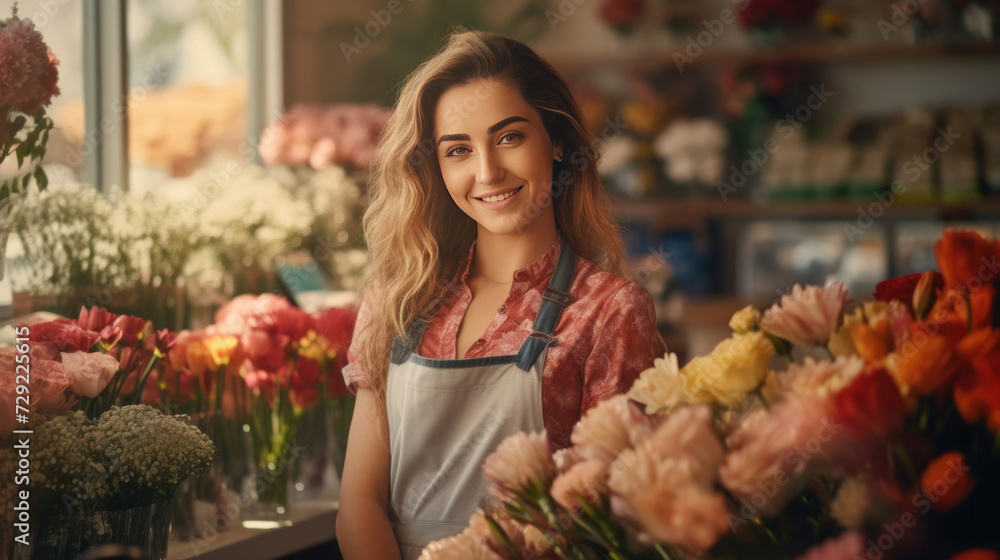 A happy woman standing in her flower shop. Cheerful young saleswoman is waiting for customers of the flower shop.