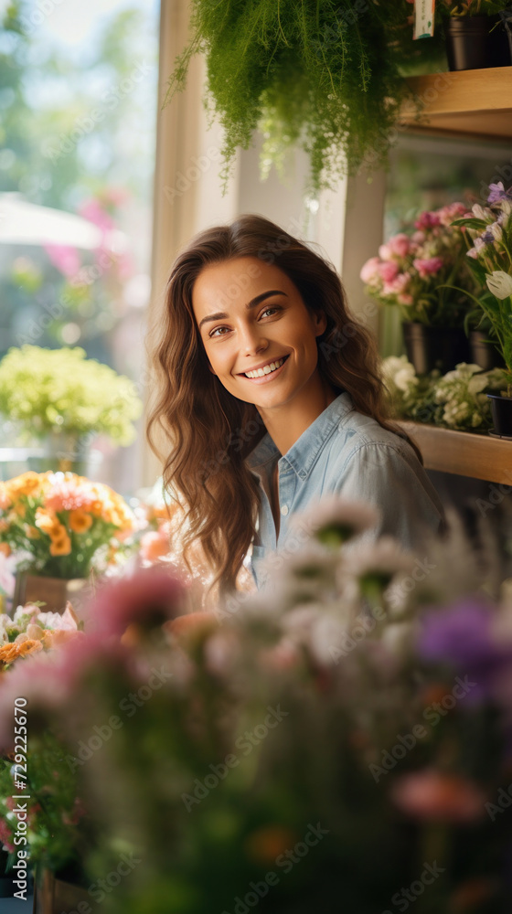 A happy woman standing in her flower shop. Cheerful young saleswoman is waiting for customers of the flower shop. A happy woman standing in her flower shop. Cheerful young saleswoman is waiting for customers of the flower shop.
