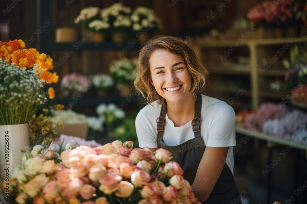 A happy woman standing in her flower shop. Cheerful young saleswoman is waiting for customers of the flower shop.