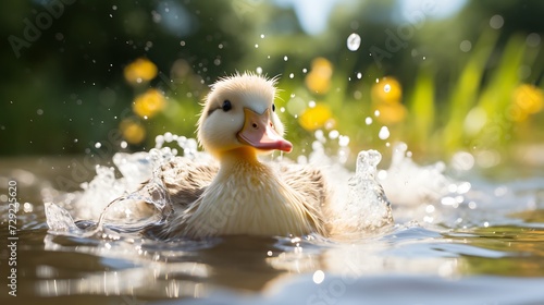 Duckling swimming in a lake with water drops and splashes