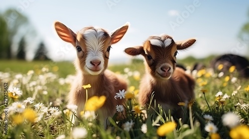 Cute little baby goat in the meadow with yellow flowers.