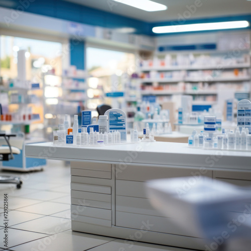A pharmacy store. Pharmacist and medicine concept. Blurred background.
