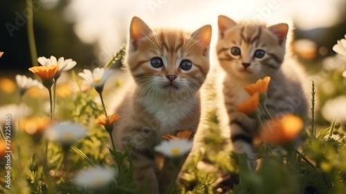 Cute kittens in the meadow with daisies at sunset