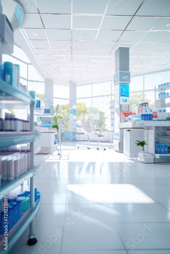 A pharmacy store. Pharmacist and medicine concept. Blurred background.