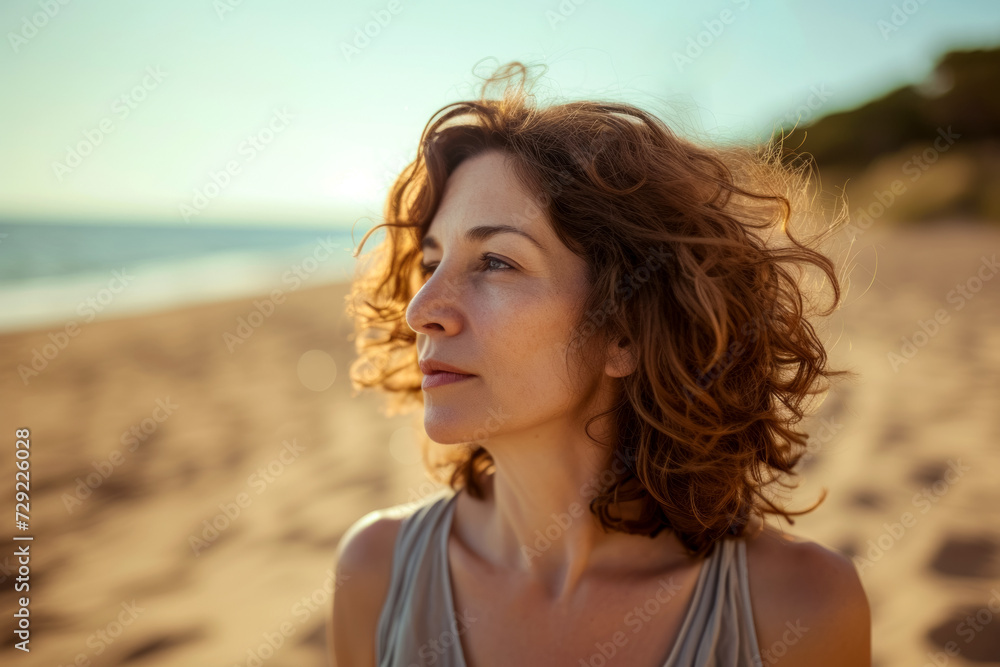 Beautiful brown-haired woman walks by the ocean on a bright sunny day, curly brown hair flutters in the wind, resort vacation concept and cruise advertisement