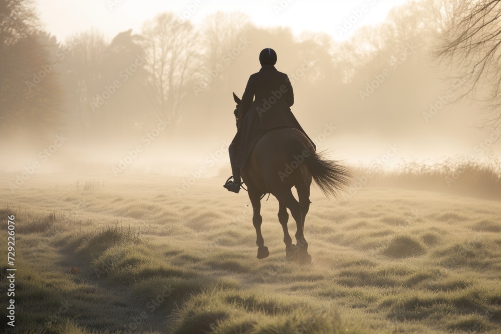 rider wearing a black coat on a horse trotting on a foggy morning through a dewy meadow rider wearing a black coat on a horse trotting on a foggy morning through a dewy meadow