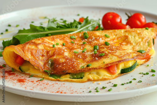 White Plate With Omelet and Vegetable Topping