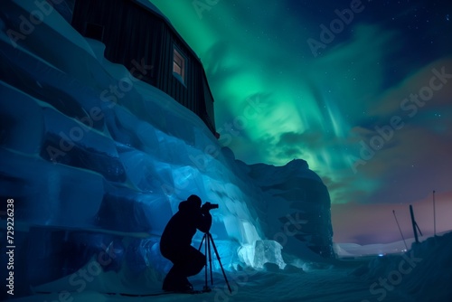 night sky photographer setting up tripod by ice hotel to capture aurora
