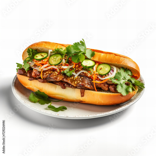 Gourmet Asian Fusion Hot Dog with Fresh Cilantro, Sesame Seeds, Spicy Jalapenos, and Pickled Vegetables on a White Background