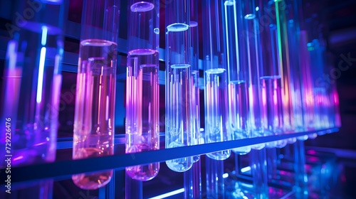 A wide-angle shot that captures an array of test tubes aligned in a sleek, metallic holder, highlighting the futuristic lab equipment and ambient lighting